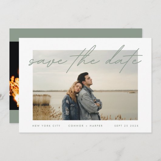 Save The Date Sage Vert Blanc Élégant Bordure Photo (Devant / Derrière)