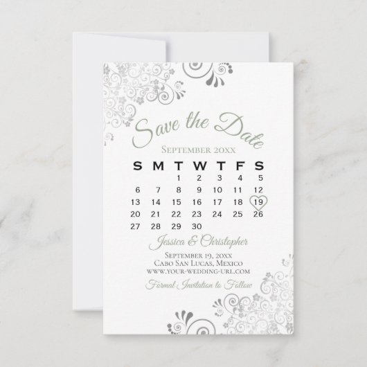 Save The Date Sage Vert & Blanc Simple Élégant Calendrier de mar (Devant)
