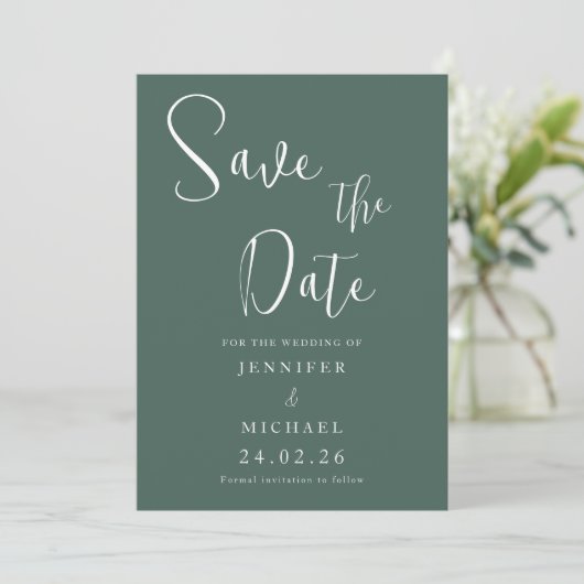 Save The Date Sage Vert Blanc Simple Mariage moderne (Debout devant)