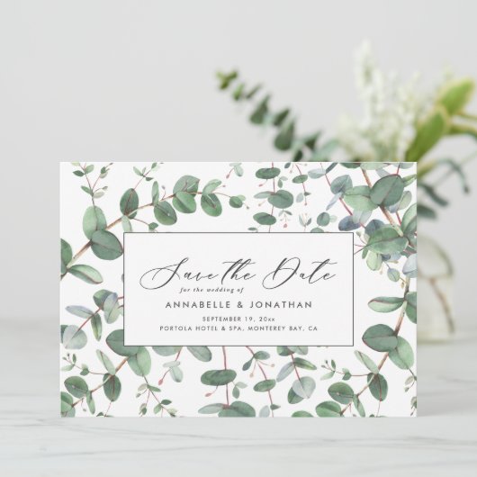 Save The Date Sage vert Eucalyptus feuillage botanique moderne (Debout devant)