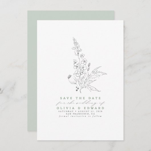 Save The Date Sage vert Fleur sauvage dessiné à la main Enregist (Devant / Derrière)