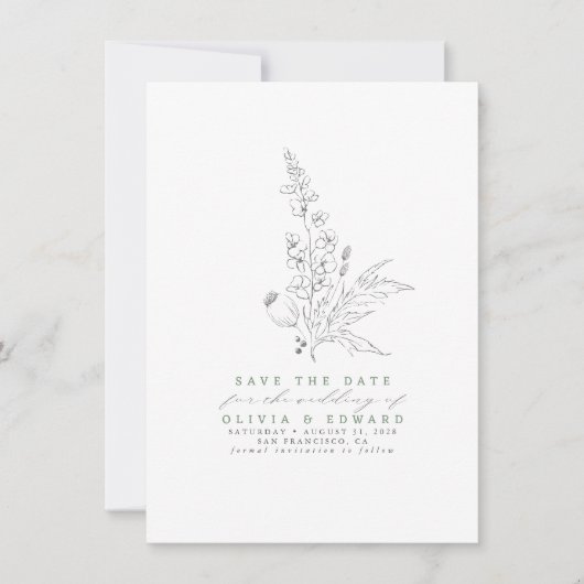 Save The Date Sage vert Fleur sauvage dessiné à la main Enregist (Devant)