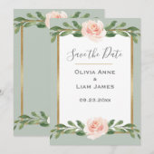 Save The Date Sage Vert Floral Aquarelle Mariage romantique (Devant / Derrière)