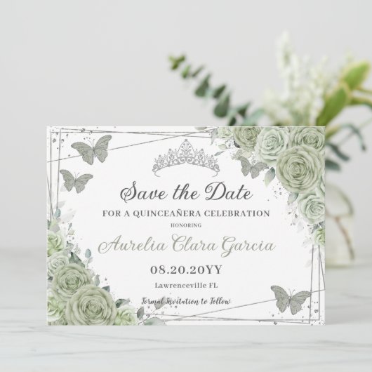 Save The Date Sage Vert Floral Argent Quinceanera Sweet sixteen (Debout devant)