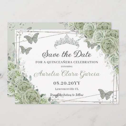 Save The Date Sage Vert Floral Argent Quinceanera Sweet sixteen (Devant / Derrière)