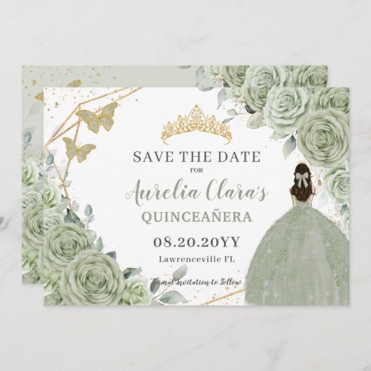Save The Date Sage Vert Floral Or Quinceanera Sweet sixteen (Devant / Derrière)