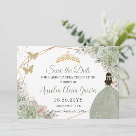 Save The Date Sage Vert Floral Pampas Grass Quinceanera Or (Debout devant)