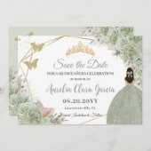 Save The Date Sage Vert Floral Pampas Grass Quinceanera Or (Devant / Derrière)