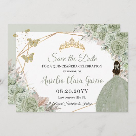 Save The Date Sage Vert Floral Pampas Grass Quinceanera Or (Devant / Derrière)