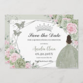 Save The Date Sage Vert rose Floral Argent Quinceanera Princesse (Devant / Derrière)