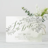 Save The Date Sage vert rustique floral calligraphie enregistrer (Debout devant)