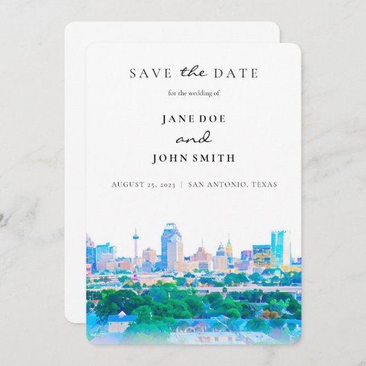 Save The Date San Antonio Texas Skyline à plat Enregistrer la ca (Devant / Derrière)