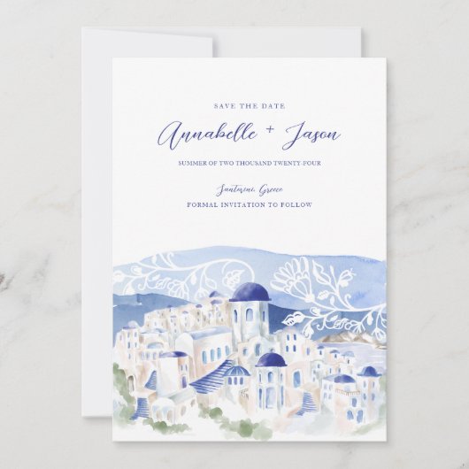 Save The Date Santorin Grèce Aquarelle Destination Mariage (Devant)