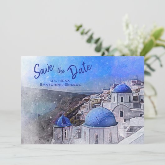 Save The Date Santorin Grèce Aquarelle Destination Mariage (Debout devant)