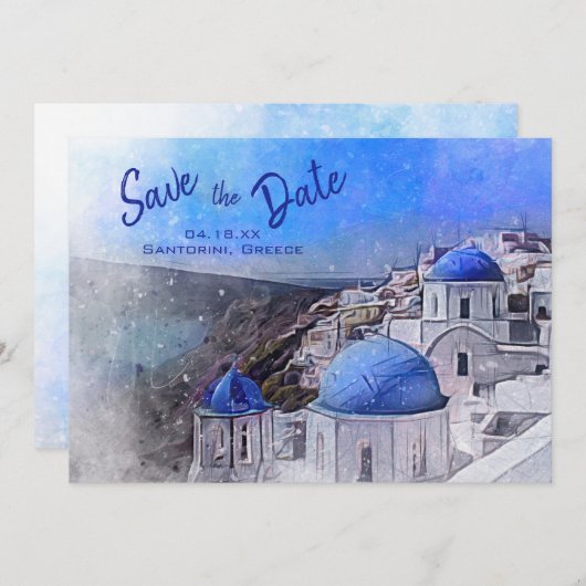Save The Date Santorin Grèce Aquarelle Destination Mariage (Devant / Derrière)