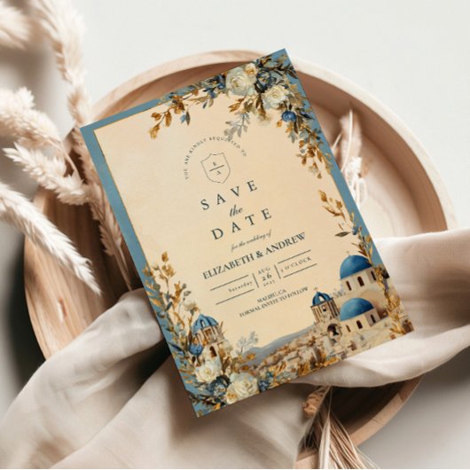 Save The Date Santorini Blue Dome Botanical Elegance