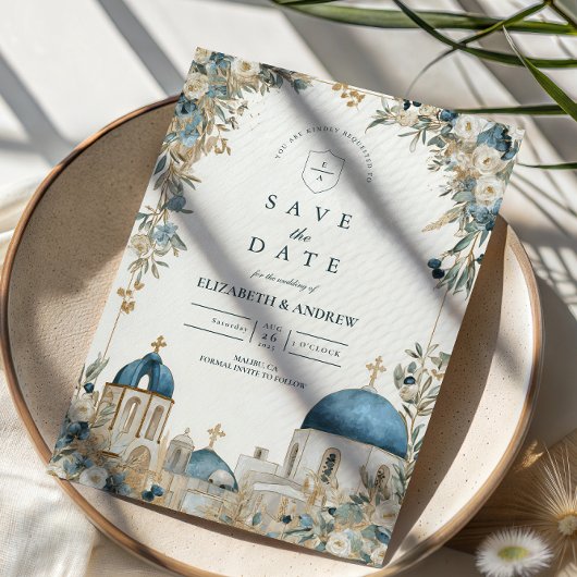 Save The Date Santorini Blue Domes Botanical Wedding