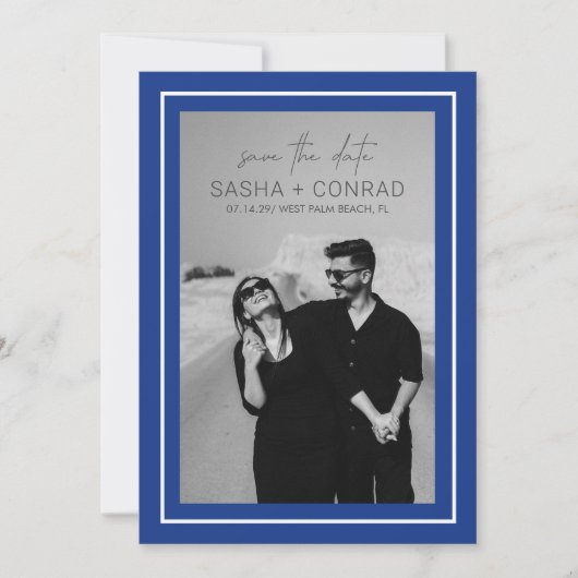 Save The Date Sapphire Blue Bold Bordure Photo Mariage moderne (Devant)