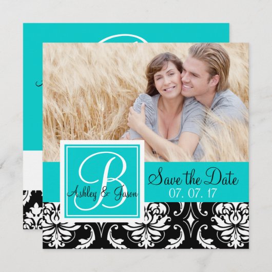 Save The Date Sauvegarder la date Black Damask Monogram Names Sa (Devant / Derrière)