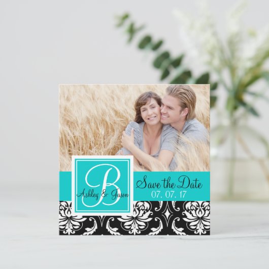 Save The Date Sauvegarder la date Black Damask Monogram Names Sa (Debout devant)