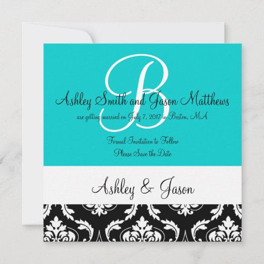 Save The Date Sauvegarder la date Black Damask Monogram Names Sa (Dos)
