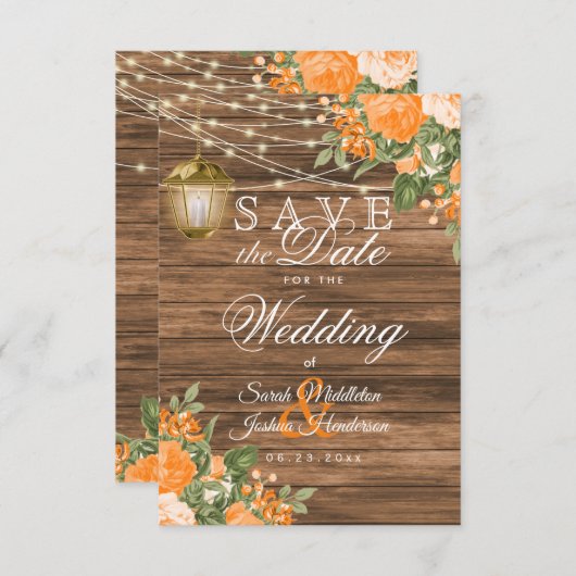 Save The Date Sauvegarder la date Bois, Lanternes et Fleur d'Ora (Devant / Derrière)
