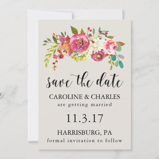 Save The Date Sauvegarder la date Fleurs aquarelles roses Bohème (Devant)