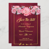 Save The Date Sauvegarder la date mariage flores roses bordeaux (Devant / Derrière)