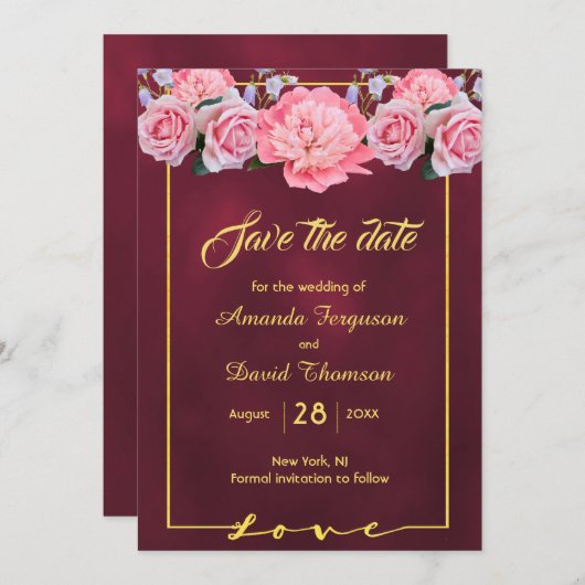 Save The Date Sauvegarder la date mariage flores roses bordeaux (Devant / Derrière)