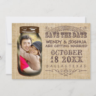 Save The Date Sauvegarder la date Pot de Mason Toile Rustique Ma