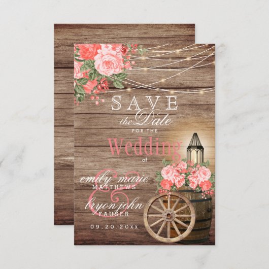 Save The Date Sauvegarder la date Tonneau en bois, Guirlande lum (Devant / Derrière)