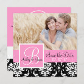 Save The Date Sauver la date Black Damask Monogramme Noms Rose (Devant / Derrière)