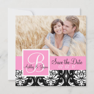 Save The Date Sauver la Date Black Damask Monogramme Noms Rose