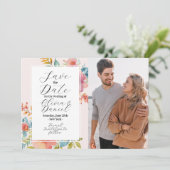 Save The Date Sauver La Date Fleurale Fleurs D'été Rose Photo (Debout devant)