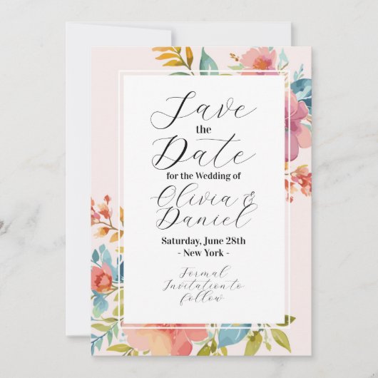 Save The Date Sauver la date fleurs d'été florales rose bleu (Devant)
