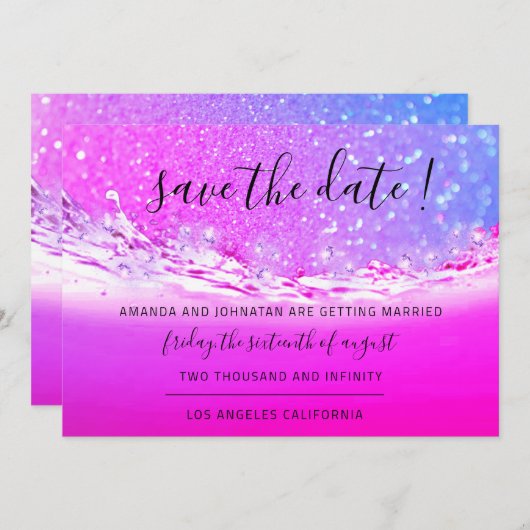 Save The Date Sauver la date Fuchsia Rose Cristaux Océan Ombré (Devant / Derrière)