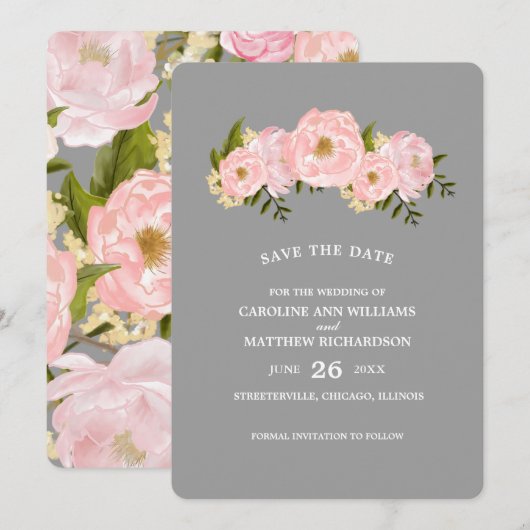 Save The Date Sauver la Date. Mariage aux Pivoines Roses Foncées (Devant / Derrière)