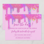 Save The Date Sauver la date rose holographique gouttes pastel (Devant / Derrière)
