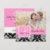 Save The Date Sauvez la date Black Damask Monogramme Noms Rose (Devant / Derrière)