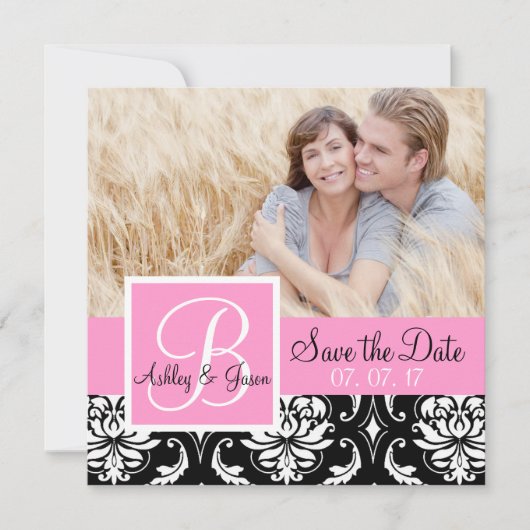 Save The Date Sauvez la date Black Damask Monogramme Noms Rose (Devant)