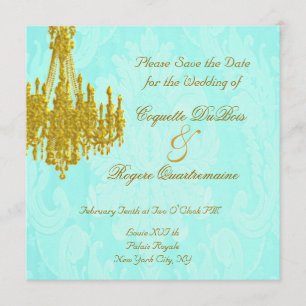 Save The Date Sauvez la date Golden Chandelier et Aqua Damask