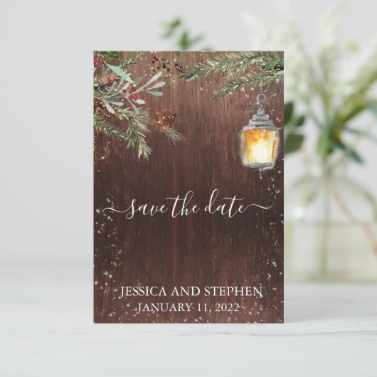 Save The Date Sauvez la date Winter Rustic Pine Noël (Debout devant)