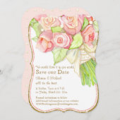 Save The Date Sauvez Notre Date Aquarelle Rose Bouquet Perles (Devant / Derrière)