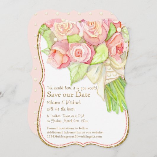 Save The Date Sauvez Notre Date Aquarelle Rose Bouquet Perles (Devant / Derrière)