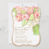 Save The Date Sauvez Notre Date Aquarelle Rose Bouquet Perles (Devant)