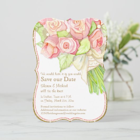 Save The Date Sauvez Notre Date Aquarelle Rose Bouquet Perles (Debout devant)