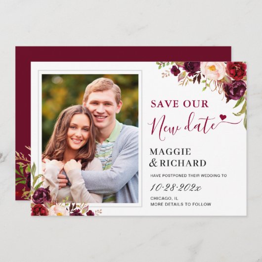 Save The Date Sauvez notre nouvelle date Burgundy Red Floral pho (Devant / Derrière)