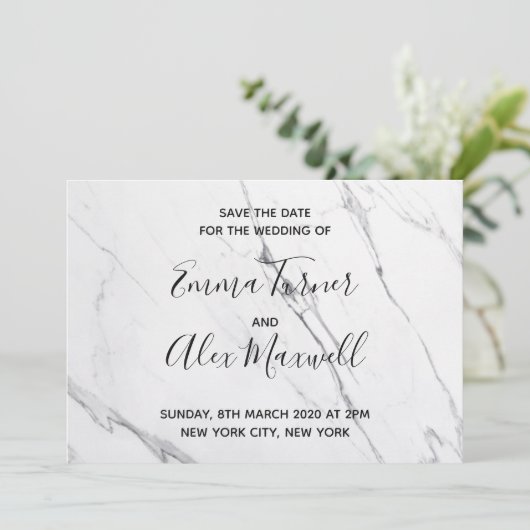 Save The Date "Save the date" pour mariage | Script Marbre blanc (Debout devant)