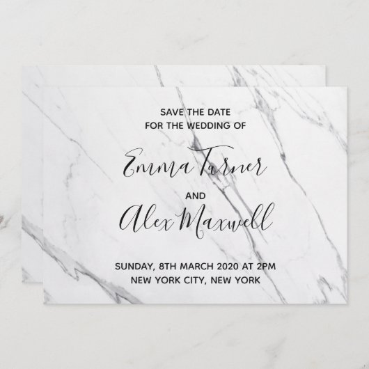 Save The Date "Save the date" pour mariage | Script Marbre blanc (Devant / Derrière)