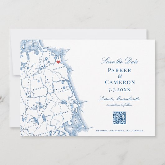 Save The Date Scanner MA Map Elegant Navy Blue QR code (Devant)